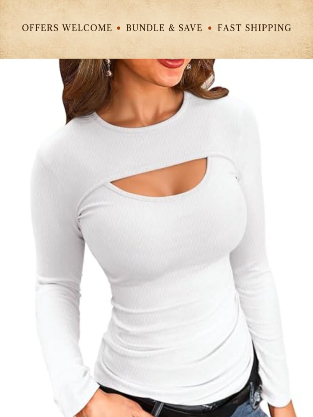 Womens Ribbed Knit Cutout Long Sleeve Slim Fit Pullover T-Shirt Top